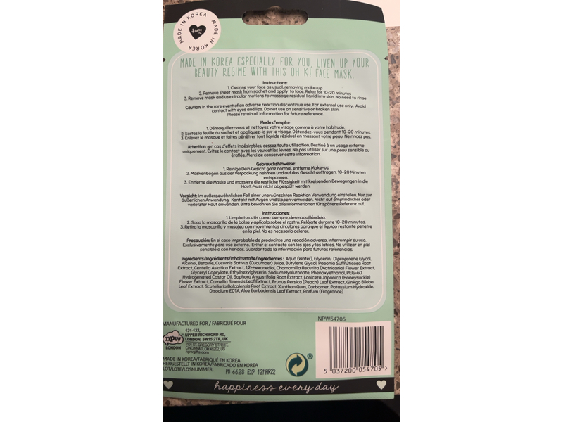 Oh K! Facial Sheet Mask, Cucumber