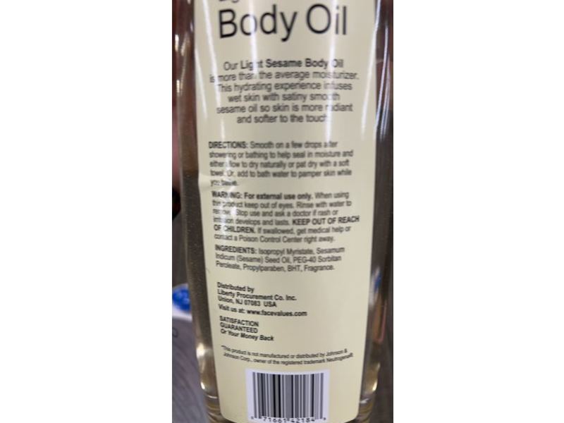 Face Values Light Sesame Moisturizing Body Oil, 16 fl oz/473 mL