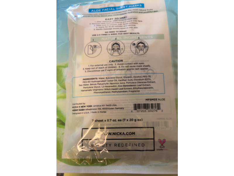 Nickak New York Soothing Facial Sheet Mask, Aloe, 0.7 oz/20 g, 7 Count