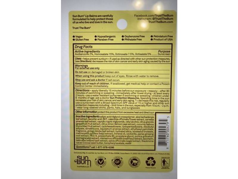 Sun Bum Sunscreen Lip Balm, SPF 30, Coconut, Banana, Watermelon, 0.15 oz/4.25 g, Pack Of