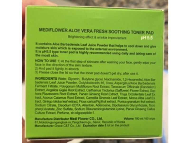 Mediflower Fresh Soothing Toner Pad, Aloe Vera, 180 mL, 60 Count