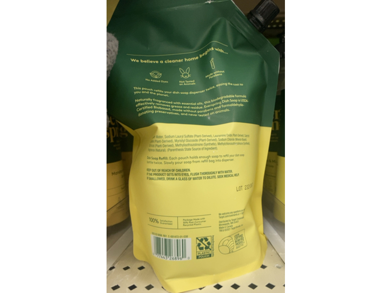 Ever Spring Tough On Grease Dish Soap Refill, Lemon & Mint, 36 fl oz/1.06 L