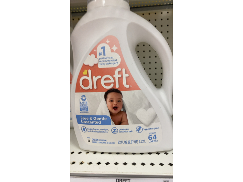 Dreft Free & Gentle Baby Liquid Laundry Detergent, 64 loads, 92 fl oz/2.72 L
