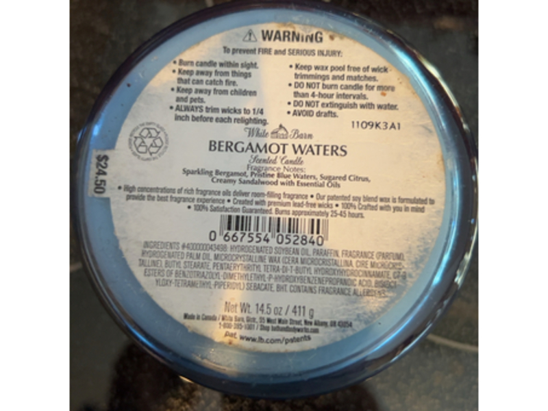 White Barn Bergamot Waters Candle, Essential Oils, 14.5 oz/411 g