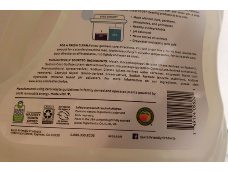 Ecos Plus Hypoallergenic Laundry Detergent, 5 In 1 Plant-Powered, Free & Clean, 116 fl oz/3.25 L