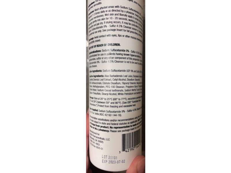 Sodium Sulfacetamide 9% Sulfur 4.5% Cleanser, 16 oz/454 g, Acella Pharmaceuticals (RX)