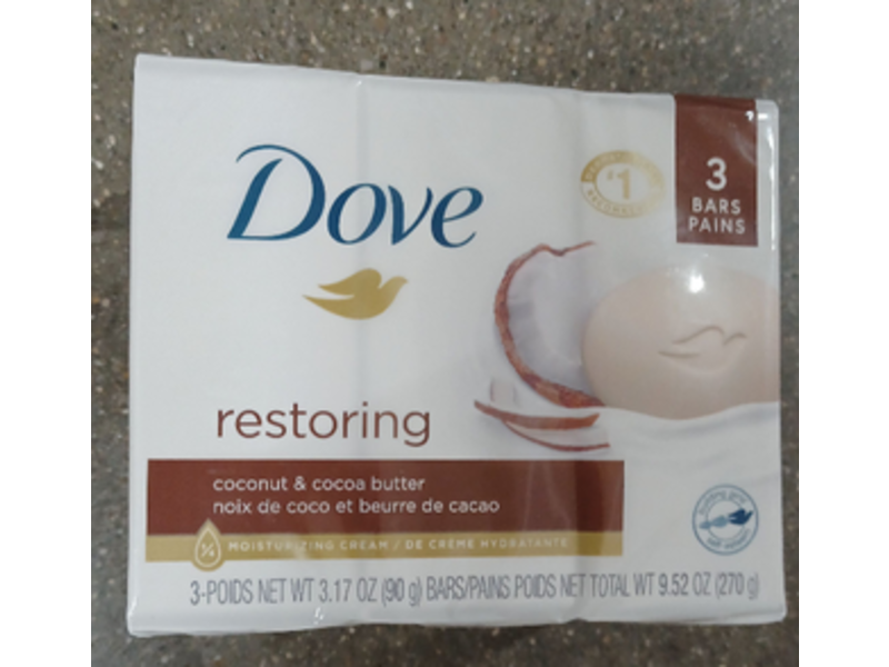 Dove Restoring Bar Soap, Coconut & Cocoa Butter, 9.52 oz/270 g, Pack Of