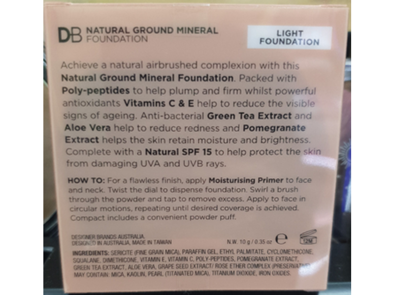 DB Natural Ground Mineral Foundation, SPF 15, Grind Fresh, Light, 0.35 oz/10 g