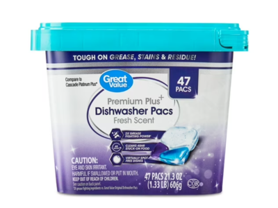 Great Value Premium Plus Dishwasher Pacs, Fresh Scent, 21.3 oz/606 g, 47 Count