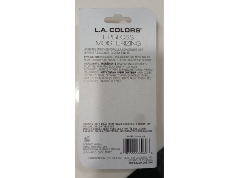 L.A. Colors Lip Gloss, Dreamy Pink, 0.34 fl oz/10 mL