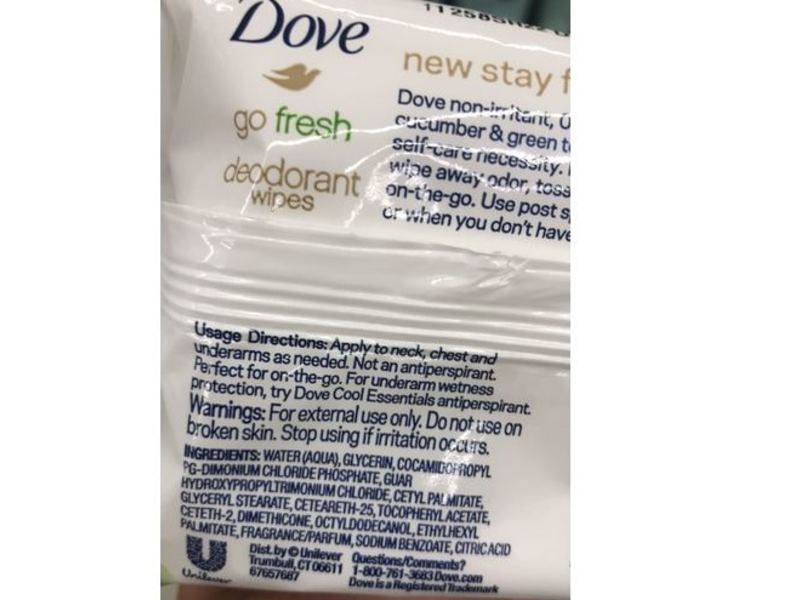 Dove Go Fresh Deodorant Wipes, Cucumber & Green Tea, 25 Count
