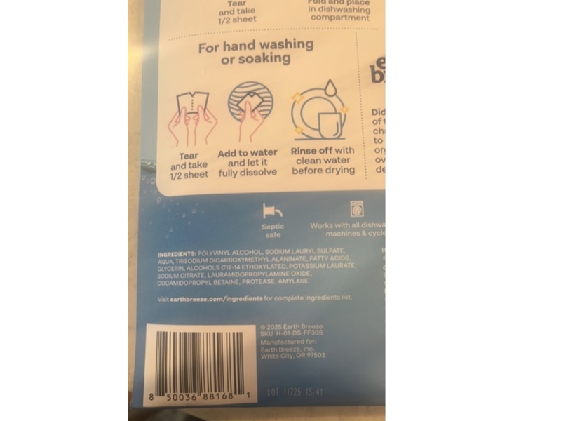 Earth Breeze 3 In 1 Dishwasher Sheets, 60 Loads, 30 Count