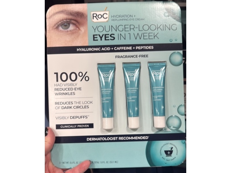 RoC Hydration + Replumping Eye Cream, Hyaluronic Acid + Caffeine + Peptides, 0.6 fl oz/17.7 mL, Pack Of 3