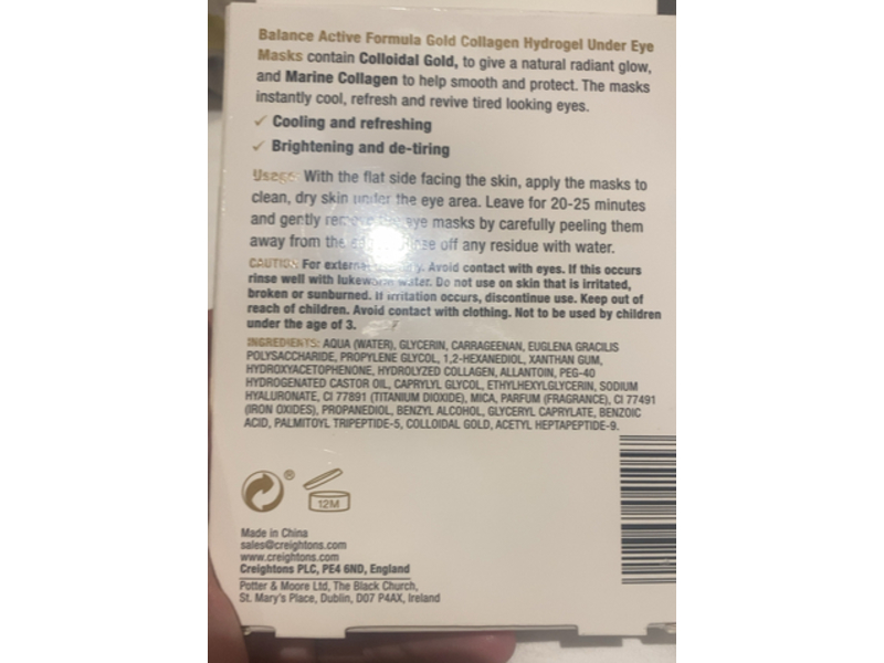 Balance Active Formula Hydrogel Under Eye Masks, Gold + Marine Collagen, 3 Pairs