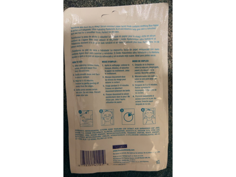Freeman Hydrating Facial Paper Mask, Blue Agave, 0.5 fl oz/16 g