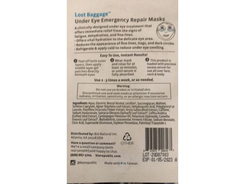 Biorepublic Skincare Under Eye Emergency Repair Masks, Lost Baggage, 0.34 oz/10 mL