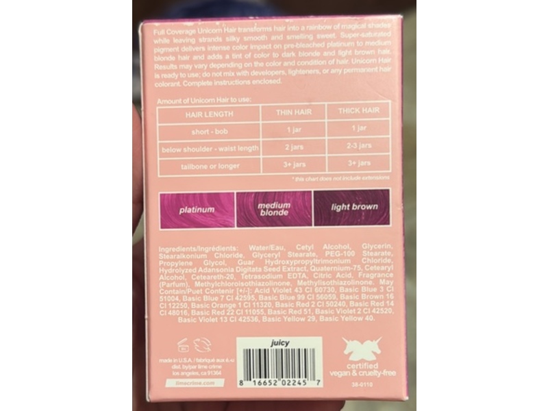 Lime Crime Unicorn Semi Permanent Hair Color, Juicy, 6.76 fl oz/200 mL