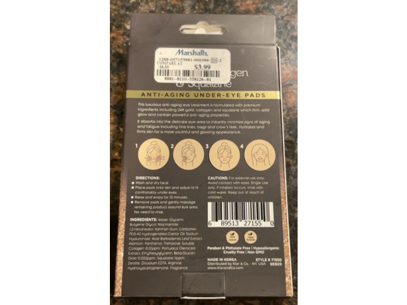 Clear Beauty Anti-Aging Under-Eye Pads, 24k Gold + Collagen & Squalene, 0.88 oz/25 g, 5 Pairs