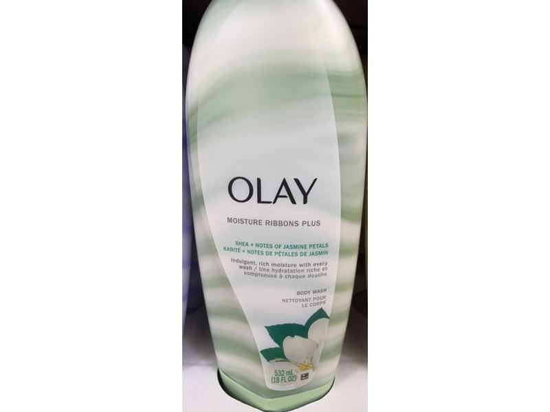 Olay Moisture Ribbons Plus Body Wash, Shea + Notes Of Jasmine Petals, 18 fl oz/532 mL, Pack Of 4