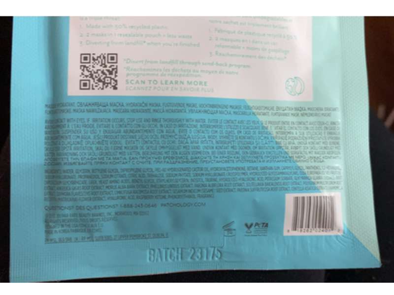 Patchology Hydrating Face Mask, Hyaluronic Acid, 2 Count