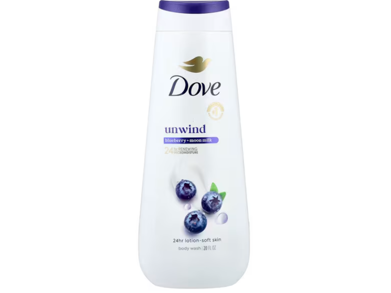 Dove Unwinding Body Wash, Blueberry & Moon Milk, 20 fl oz/591 mL, Pack Of 4