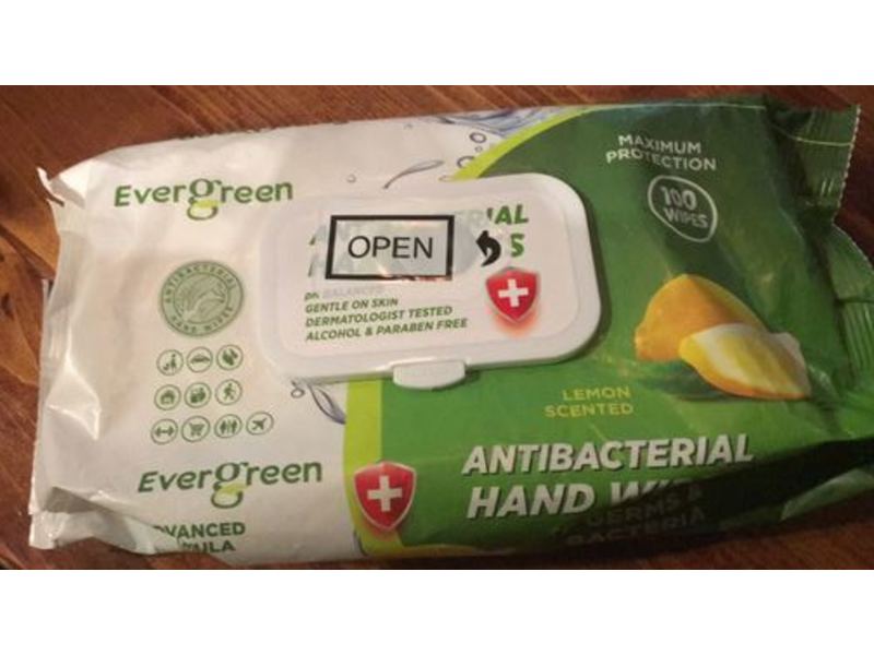 Evergreen Antibacterial Hand Wipes, Lemon Scented, 100 Count
