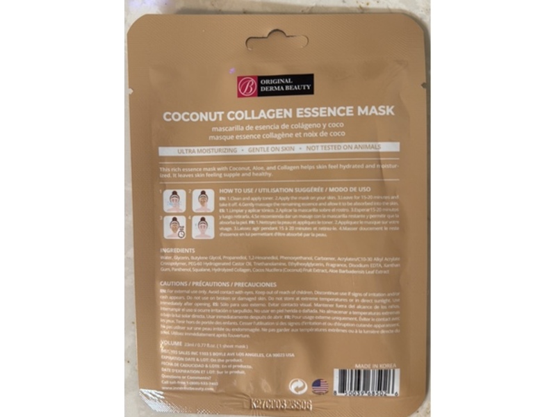 Original Derma Beauty Ultra Moisturizing Essence Mask, Coconut Collagen, 0.77 fl oz/23 mL, 1 Count, Pack Of 24