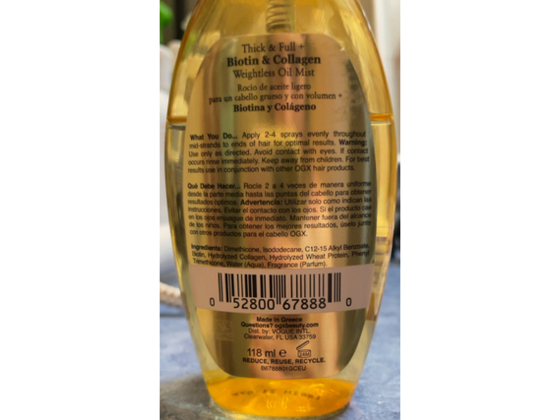 OGX Weightless Oil Mist, Biotin & Collagen, 4 fl oz/118 mL