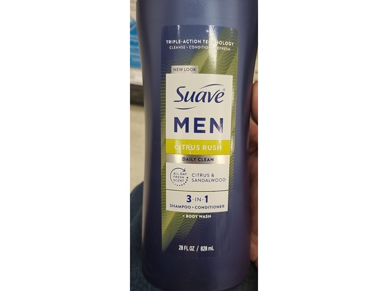 Suave Men Daily Clean Citrus Rush 3-In-1 Shampoo + Conditioner + Body Wash, Citrus & Sandalwood, 28 fl oz/828 mL
