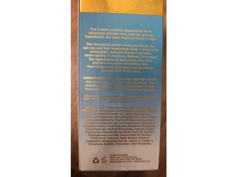 Clear Visage Anti-Aging Serum, Hyaluronic & Retinol, 1.69 fl oz/50 mL