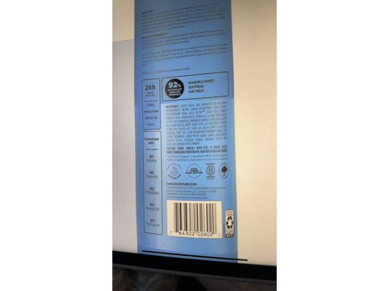 Shea Moisture Smooth & Exfoliating Body Wash, Manuka Honey & Oatmeal, 18 fl oz/532 mL