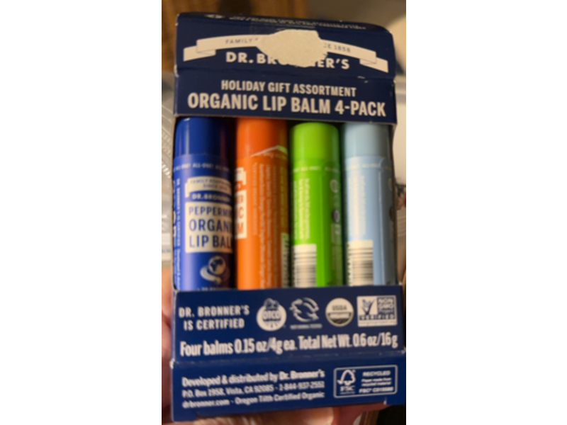 Dr. Bronner's Organic Lip Balm, Orange Ginger, Lemon Lime, Naked & Peppermint, 0.15 oz/4 g, Pack Of 4