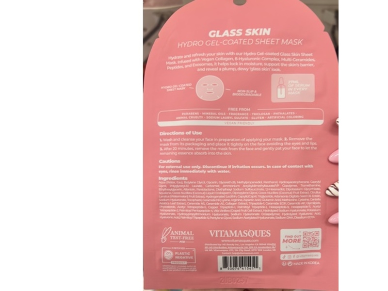 Vitamasques Glass Skin Hydro Gel-Coated Sheet Mask, 0.91 fl oz/27 mL