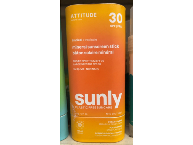Attitude Mineral Sunscreen Stick, Tropical, SPF 30, 2.1 oz/60 g