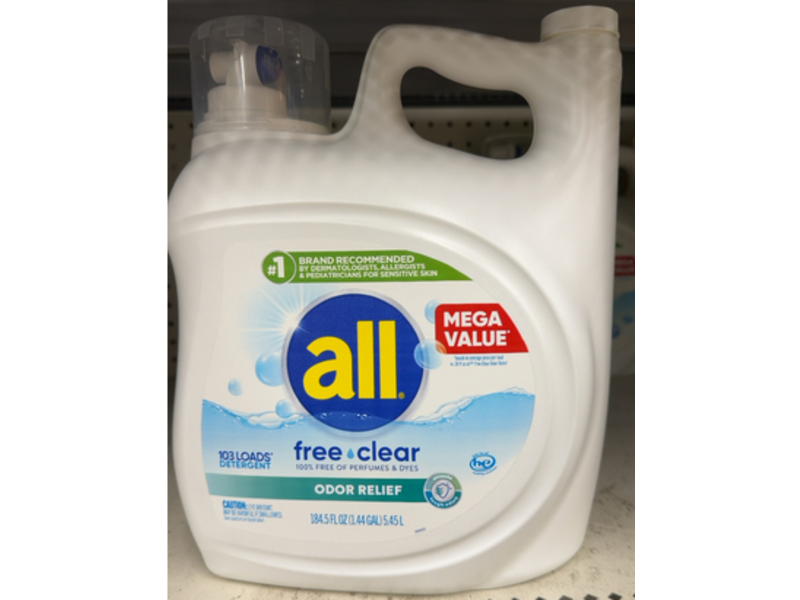 All Odor Relief Detergent, Free & Clear, 103 Loads, 184.5 fl oz/5.45 L