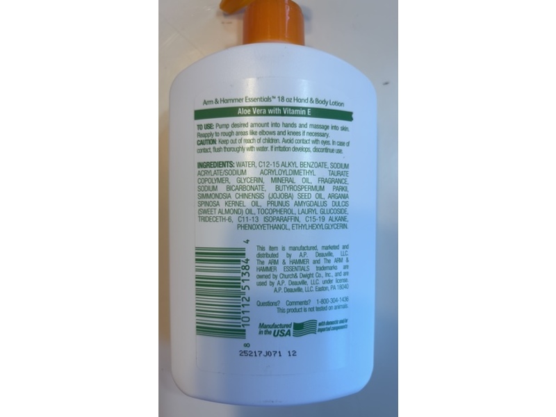 Arm & Hammer Essentials Hand & Body Lotion, Aloe Vera + Vitamin E, 18 fl oz/532 mL