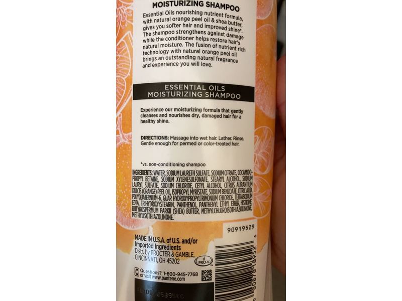 Pantene Essential Oils Moisturizing Shampoo, Orange Peel Oil & Shea Butter, 38.2 fl oz/1.13 L