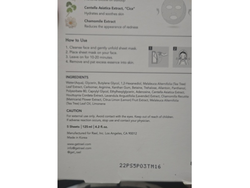 Rael Beauty Purify + Soothe Facial Sheet Masks, Tea Tree, 4.2 fl oz/125 mL, 5 Count