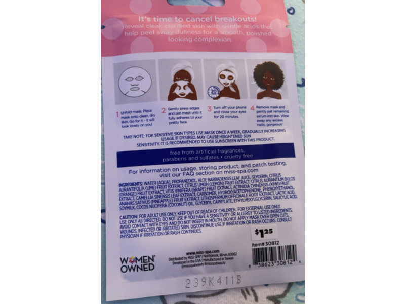 Miss Spa Clear Skin Enzyme Peel Sheet Mask, 0,67 fl oz/19 g. Pack Of 4