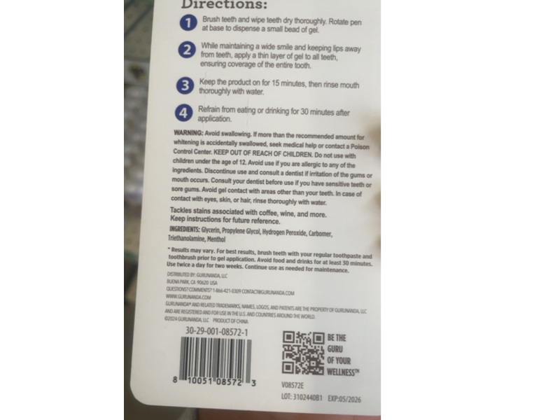 GuruNanda Teeth Whitening Gel Pen, Mint, 0.06 fl oz/1.8 mL