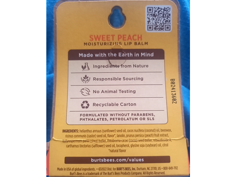 Burt's Bees Moisturizing Lip Balm, Sweet Peach, 0.15 fl oz/4.25 g