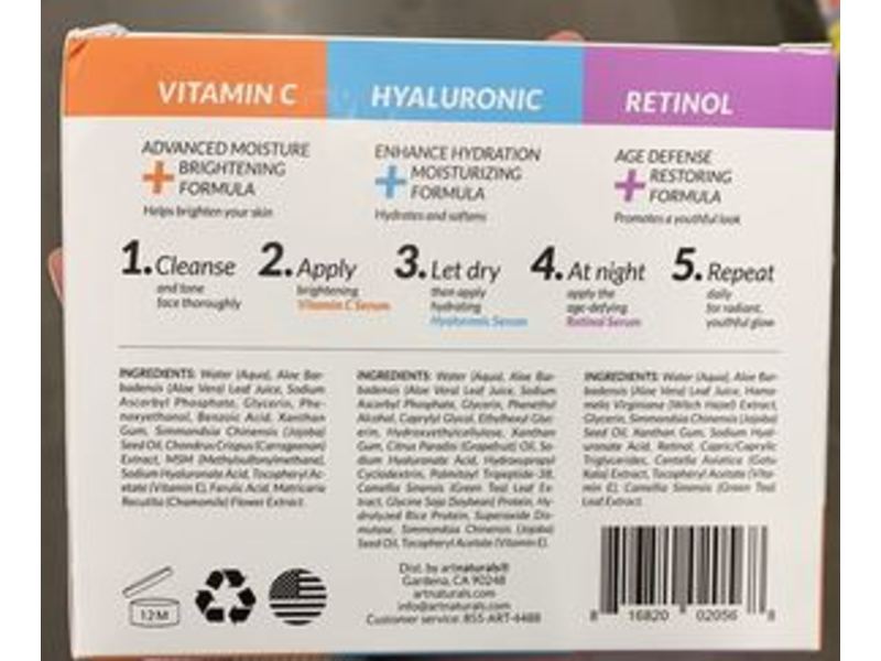 Artnaturals Serum Trio Set, Vitamin C, Hyaluronic, Retinol, 1 fl oz/29.5 mL