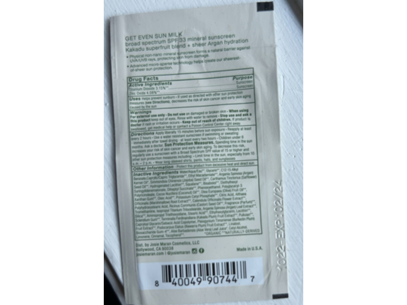 Josie Maran Get Even Sun Milk, SPF 33, 0.06 fl oz/2 mL