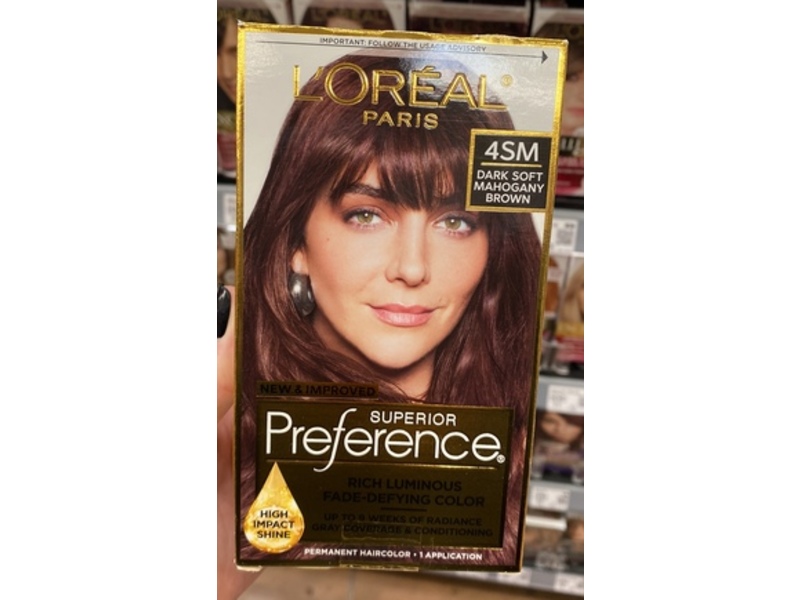 L'Oreal Paris Superoir Preference Rich Luminous Permanent Hair Color, 4SM Dark Soft Mahogany Brown, 1 Application