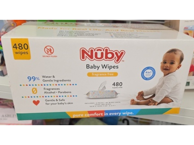 Nuby Baby Wipes, Fragrance Free, 80 Count, Pack Of 6