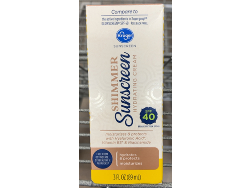 Kroger Shimmer Sunscreen, Hyaluronic Acid + Vitamin B5 & Niacinamide, SPF 40, 3 fl oz/89 mL