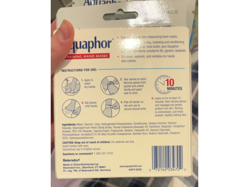 Aquaphor Advanced Therapy Repairing Hand Masks, 7 fl oz/20 mL, 1 Pair