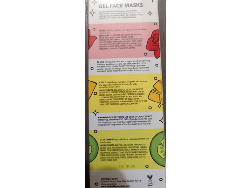 Global Beauty Care Gel Face Masks Set, Rose + Gold + Cucumber, 0.27 oz/8 mL, Set Of 3