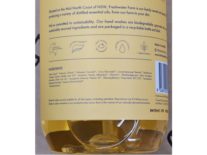 Freshwater Farm Lemon Myrtle Oil + Manuka Honey Soothing Castile Hand Wash, 500 mL/16.9 fl oz