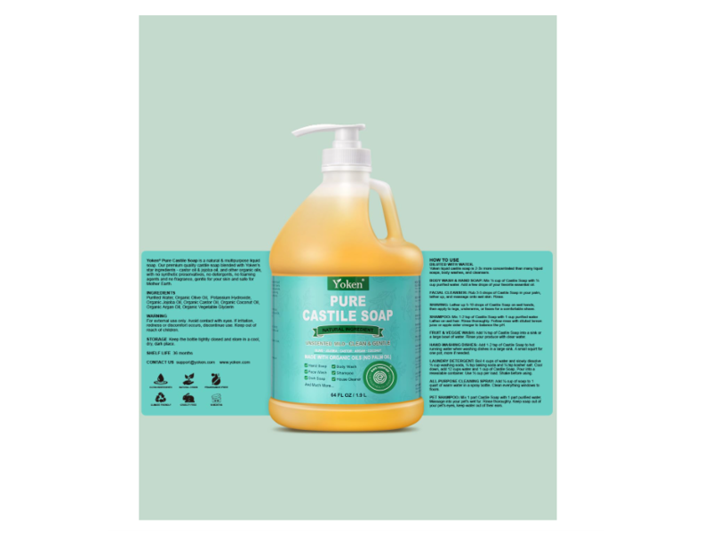 Yoken Clean & Gentle Pure Castile Soap, Unscented, 64 fl oz/1.9 L